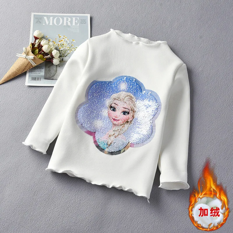 thick-white Модная одежда для девочек Осенняя рубашка принцессы со льдом футболка с длинным рукавом и блестками для маленьких девочек - Цвет: thick-white