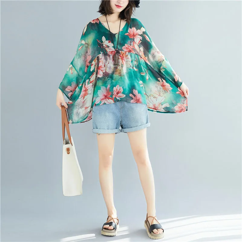 

Summer 2020 new fashion thin chiffon patchwork printed loose-fitting casual shirt