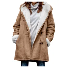 2021 Women Winter Plus Size Solid Coats Plus Velvet Coat Long Sleeve Horn Buckle Pocket Overcoat Hooded Warm Coats