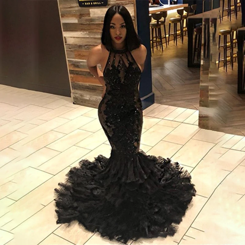

Black Sexy Mermaid Prom Dresses 2020 Open Back Long Formal Evening Gowns Sequins Lace Appliqued Feather Graduation Gowns