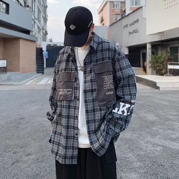 

Men Streetwear Harajuku Plaid Shirts Pockets 2020 Hip Hop Men Shirt Long Sleeve Couple Black Button Up Oversized Shirt