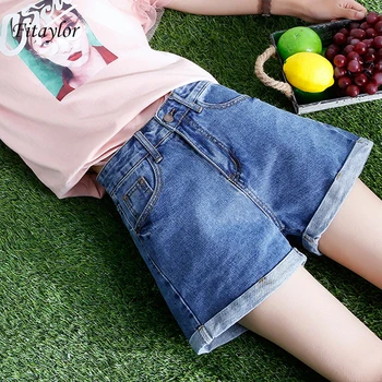 

Fitaylor Europe Blue Crimping Denim Shorts Women Summer New Trendy Slim Casual Plus Size Womens High Waist Shorts