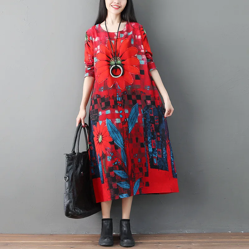 

2018 Autumn Clothing New Style Ethnic-Style Long Skirts Loose And Plus-sized WOMEN'S Dress Cotton Linen Printed Long-sleeved Dre