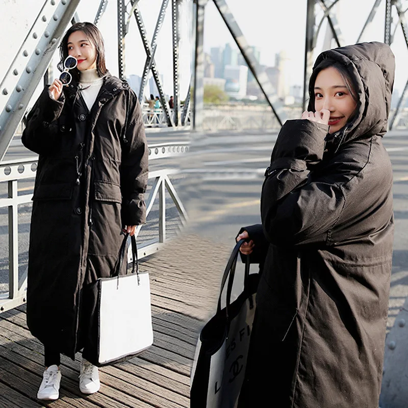

Long down Jacket Cotton-padded Clothes Women's 2019 New Style Long Korean-style Loose-Fit Hooded Thick Extended Knee College Sty