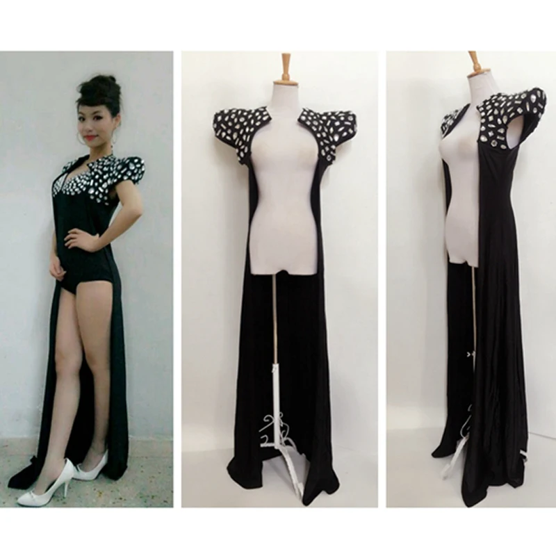 Women Dj Rave Clothes Mens Costume Crystal Bodysuit Long Robe