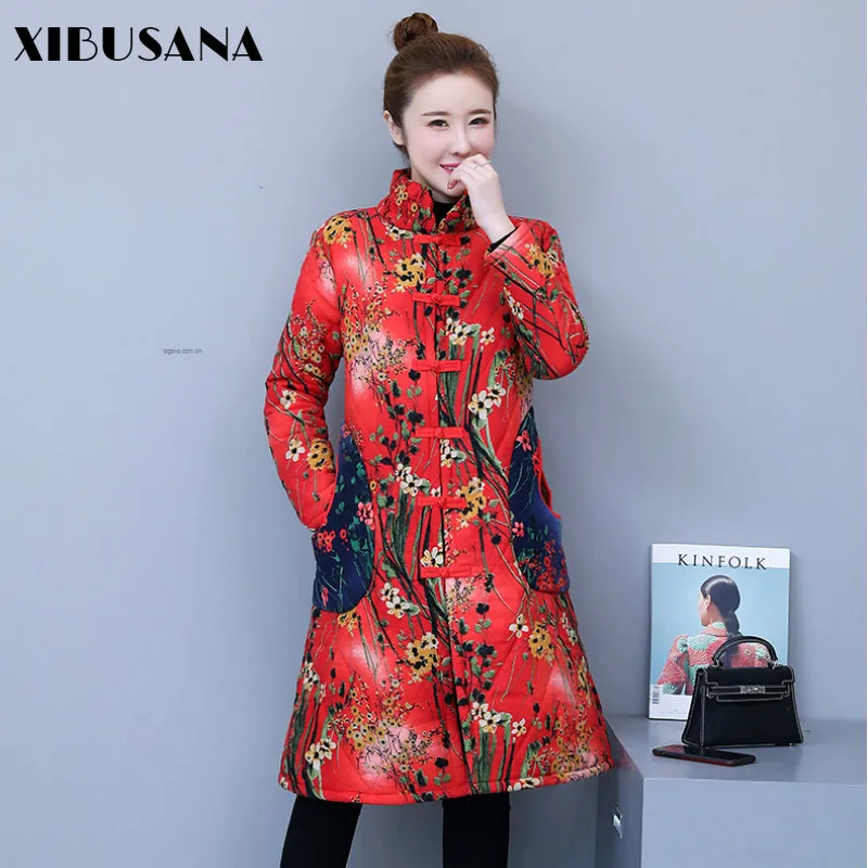 

XIBUSANA 2020 Winter New Nation Wind Vintage Cotton-padded Jacket Women Splicing Long Sleeve Single Breasteed Slim Parkas Lady