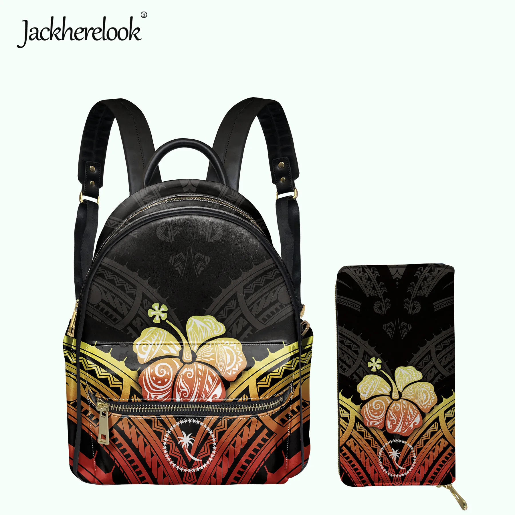 

Jackherelook Chuuk Hibiscus Polynesian Pattern Women's Backpack Wallet Set Mini PU Leather Schoolbag Satchel for Girls Mochila