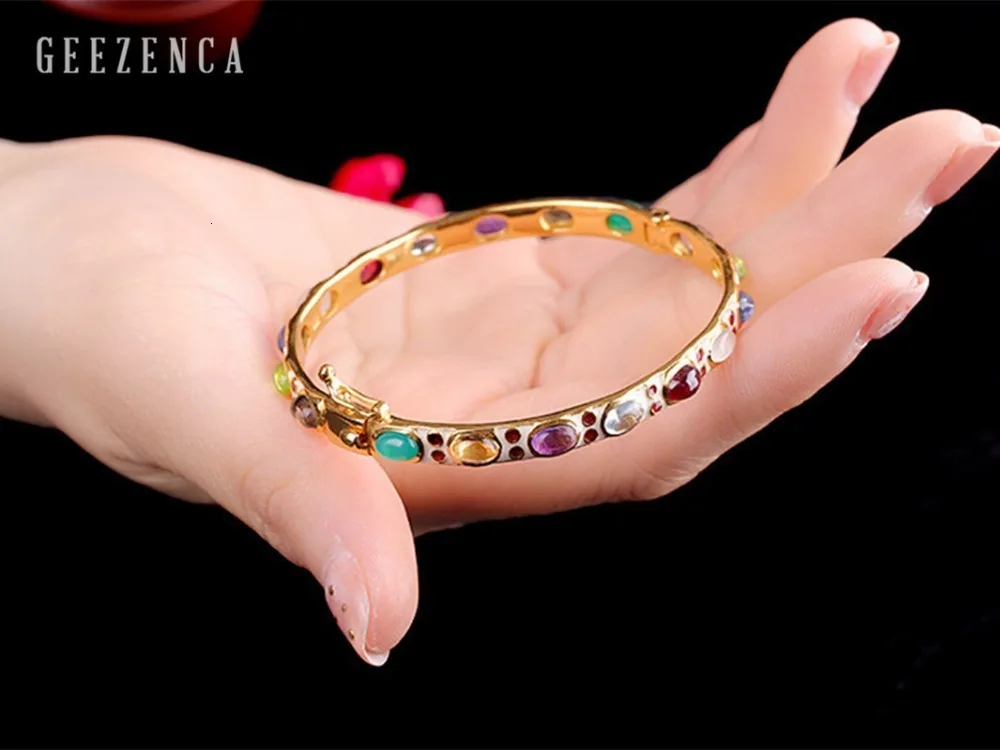 925 стерлингового серебра цветные драгоценные камни Cloisonne ручной работы ремесло Браслеты Винтаж этнический браслет браслеты ювелирные украшения для женщин