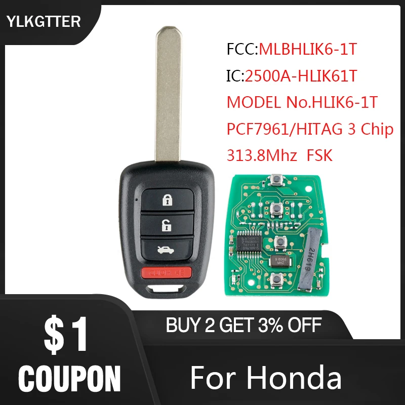 YLKGTTER 313,8 МГц 2+ 1 кнопки дистанционного ключа автомобиля для Honda CR-V 2013 для Honda 313,8 МГц PCF7961 чип MLBHLIK6-1T ключи автомобиля