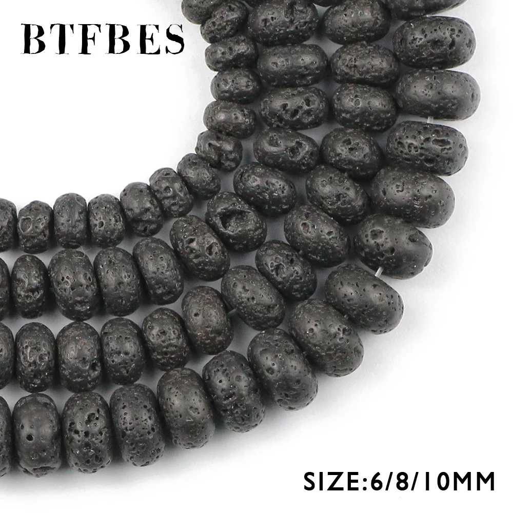 BTFBES плоские черные бусины из лавы вулканический камень натуральный камень 6 8 10 мм Черный цвет разделитель свободные бусины для изготовления ювелирных изделий браслет DIY