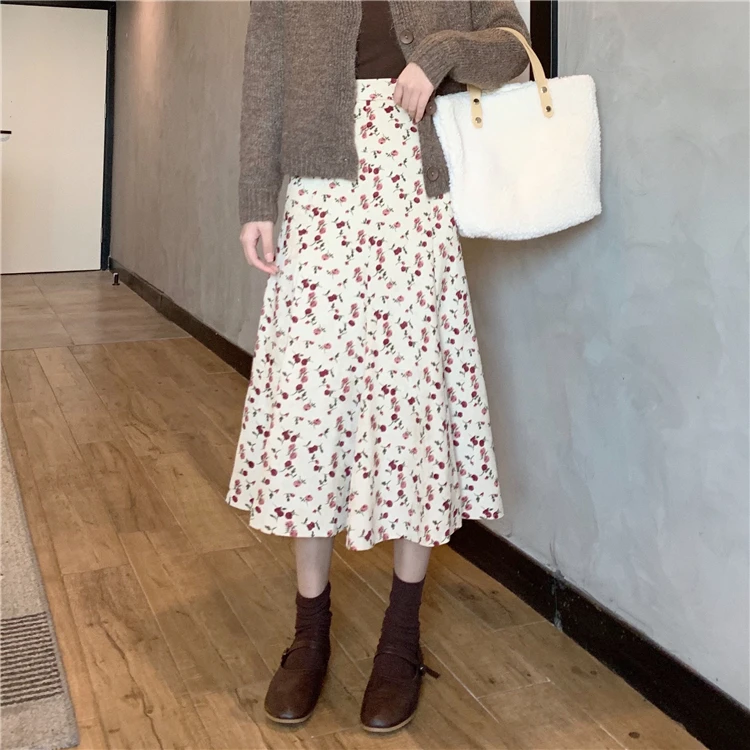 Harajuku Floral Print Woman Skirt Korea High Waist Loose A-Line Skirt Ladies The New Simple Slim Fit Autumn Skirt Women