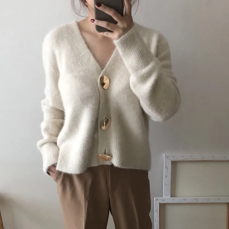 

Golden Shiny Button Single Breasted Woolen Women Cardigans Sweater Casual Female Warm Elegant Autumn Winter
