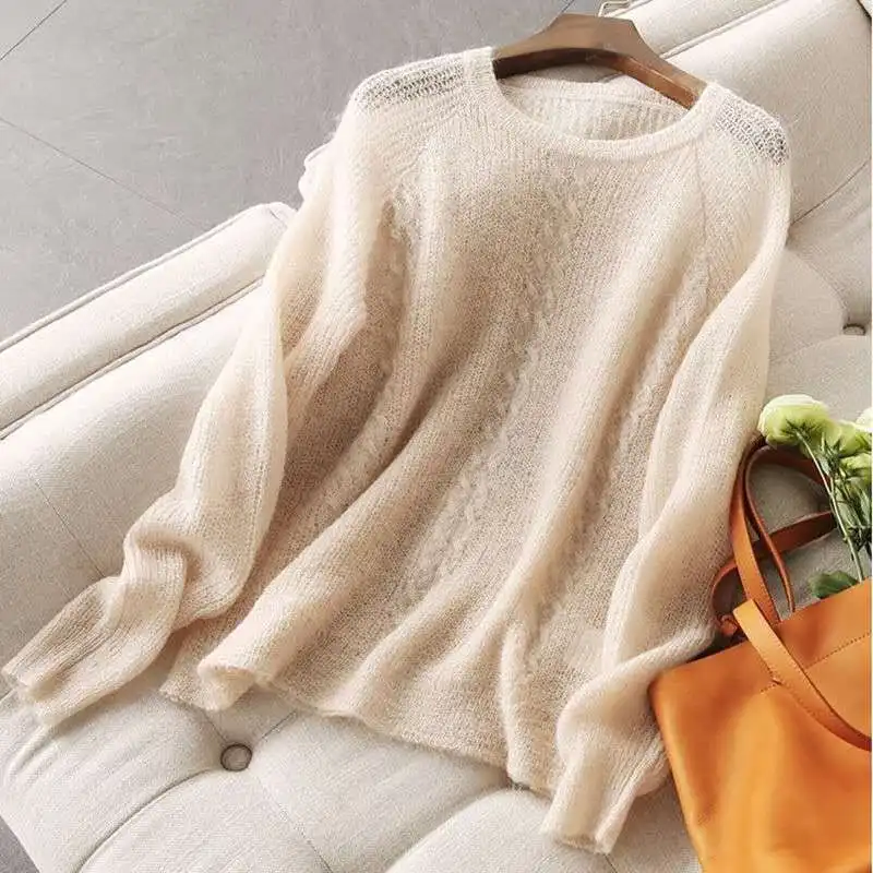 Long-sleeved Round Neck Thin Sweater Women Loose Solid Color Hollow Simple Bottoming Pullover Sweater Female Spring Summer 2020