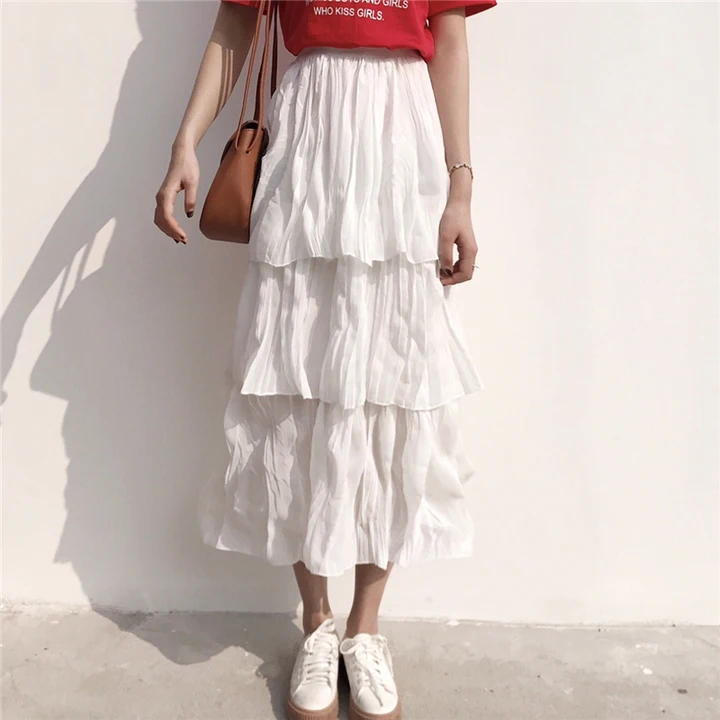 Hot Spring Winter Maxi Ball Gown Skirt Women High Waist Skirts Ruffles Sweet Girl Femme Office White Skirt DJ312