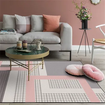 

Modern Dark Pink Gray Floor Mat Carpet Geometric Lattice Bedroom Living Room Short Crystal Velvet Floor Mat Carpet Home Decor