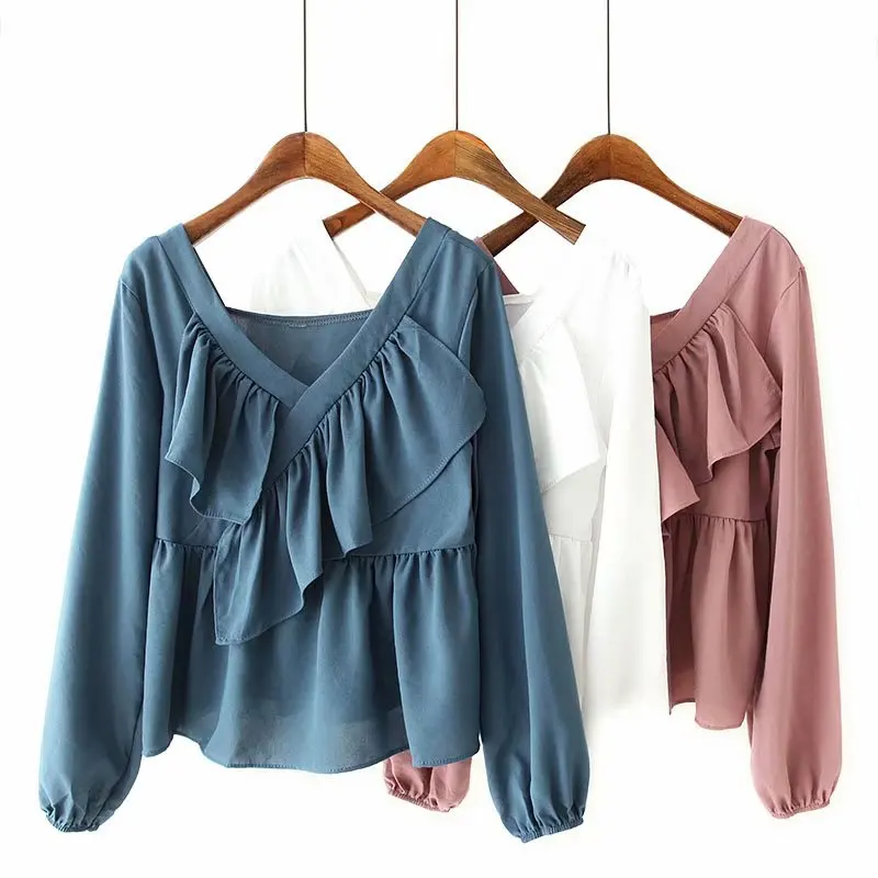 Blouses Woman 2019 Loose V-neck Ruffled Long Sleeves Shirt Women Blouse Women Modis Camisa Femenina Womens Tops and Blouses