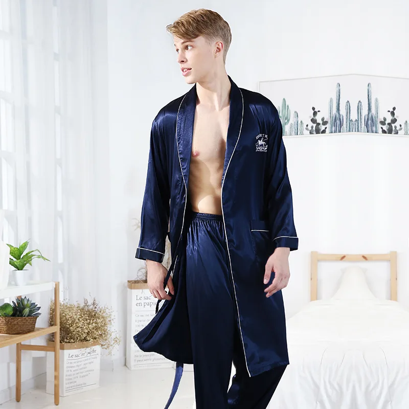 Robe Set Male Nightgown Kimono Man Pajamas Pyjamas Men Sleepwear Faux Silk Bathrobe Dressing Gowns Robe Set Male Nightgown Kimono Man Pajamas Pyjamas Men Sleepwear Faux Silk Bathrobe Dressing Gowns