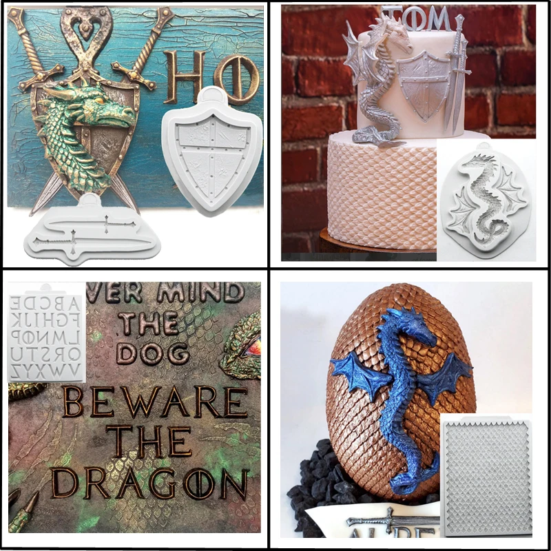 

Dragon Decorating Silicone Fondant Cake Mold Shield Alphabet Swords Pattern Paste Sugar Craft Chocolate Candy Mould