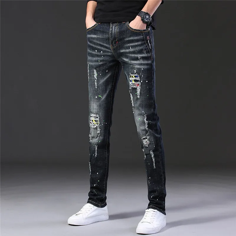 Свободные потертые джинсы мужские модные повседневные джинсы Прямые рваные джинсы для мужчин крутые брюки свободные джинсы длинные штаны E21