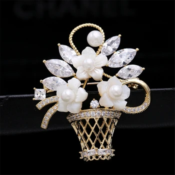 

2020 New Fashion Brooches for Women Zirconia Shell Pearl Flower Basket Brooch Pin Costume Jewelry Ornaments Rhinestone Broches