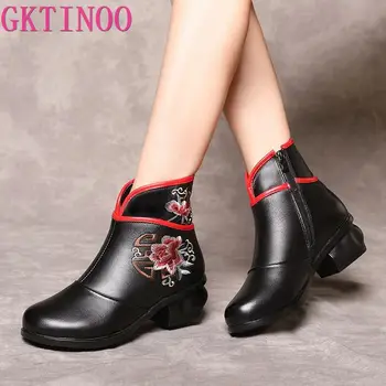 

GKTINOO Embroider Women Ankle Boots Genuine Leather Keep Warm Winter Boots For Woman Retro Zio Round Toe Winter Shoes Ladies