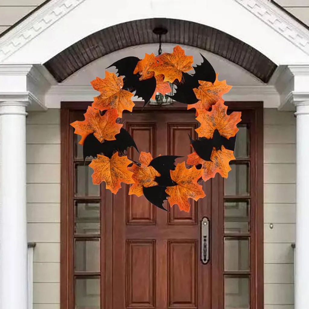 

Halloween Decoration Bat Wreath Pendant Window Door Hanging Maple Leaf Wreath Home Party Festival Hang Realistic Decoration 8P