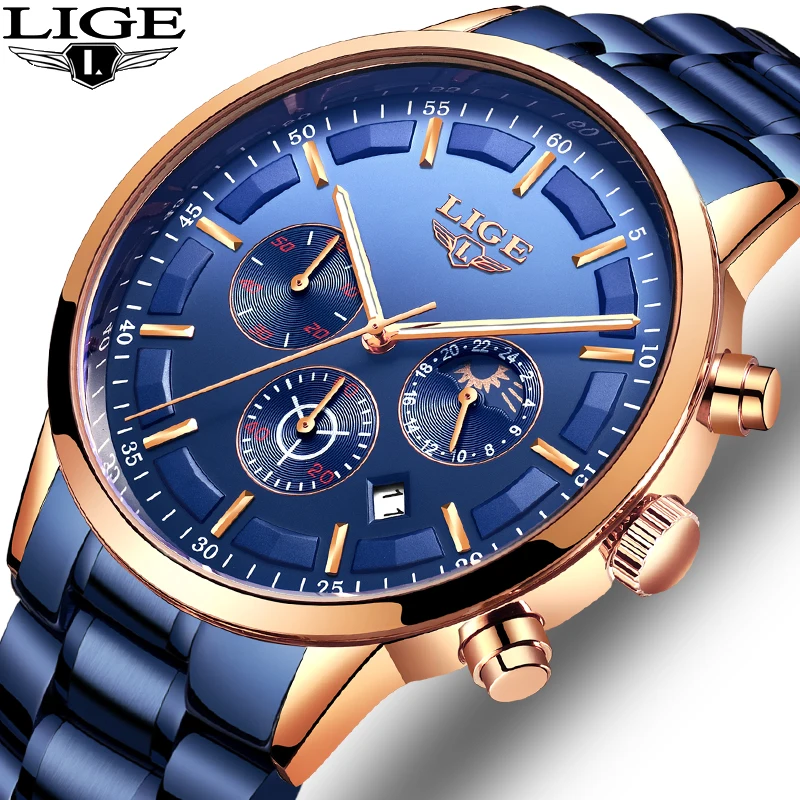 

Blue Fashion Business Mens Watch LIGE Top Brand Luxury Full Steel Waterproof Quartz Watch Men Date Moon Phase Sport Chronograph