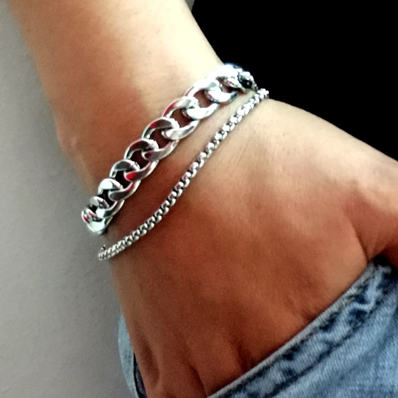 

Fashion Men's Silver Cuban Bracelet Double Chain Bracelet Stainless Steel Box Chain Link Bracelets Male Jewelry Drop-shipping