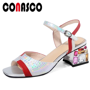 

CONASCO Fashion Genuine Leather Women Sandals Crystal High Heels Summer New Arrival Pumps Casual Shoes Woman Peep Toe Sandals