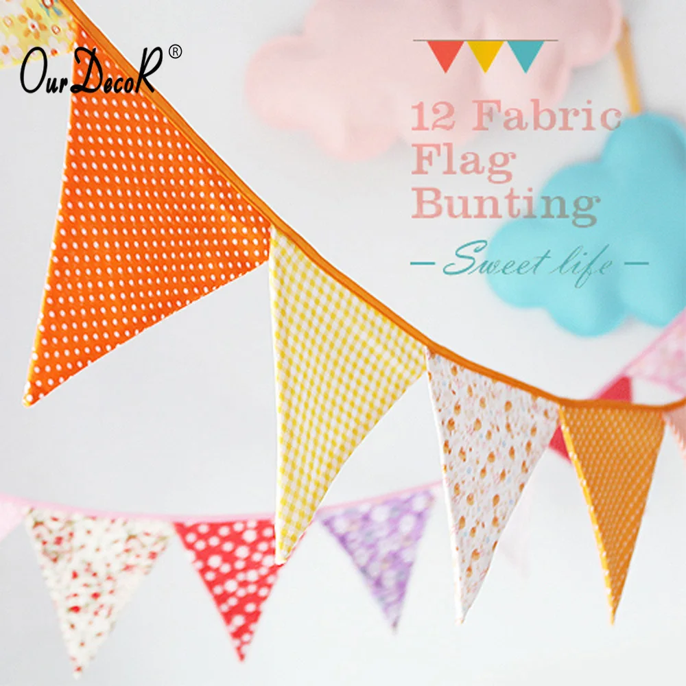 

5 pcs/lot 2.4m Multicolor Handmade 12flags Bunting Double side Fabric Flag Banner Garland Wedding Party Decoration