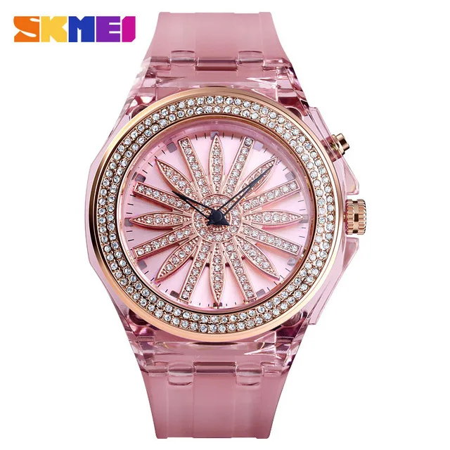 Pink Модные часы с бриллиантами, 5 бар, водонепроницаемые женские кварцевые наручные часы для девушек, Кристальный цветок, Relogio Feminino SKMEI для женщин - Цвет: Pink