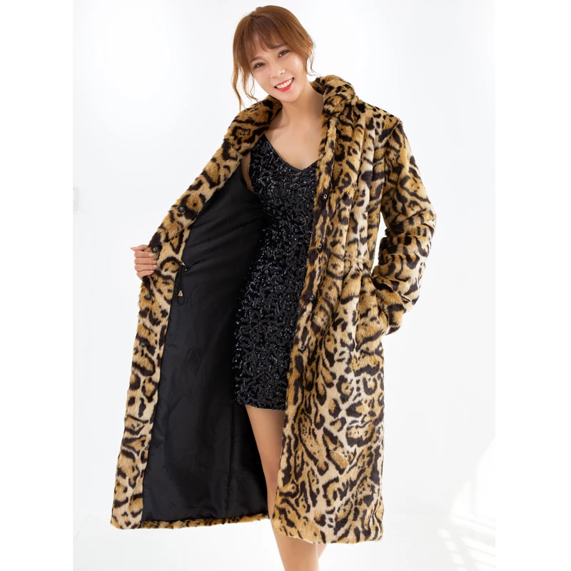 Новая женская шуба Леопардовый принт зимняя одежда утолщенная теплая плюшевая шуба длинная Модная Повседневная ветровка большого размера