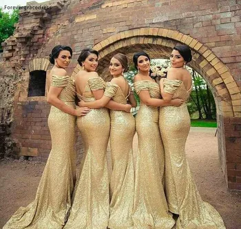 

2019 Gold Sequined Bridesmaid Dress Mermaid Off Shoulders Country Garden Formal Wedding Party Guest Maid of Honor Gown Plus Size