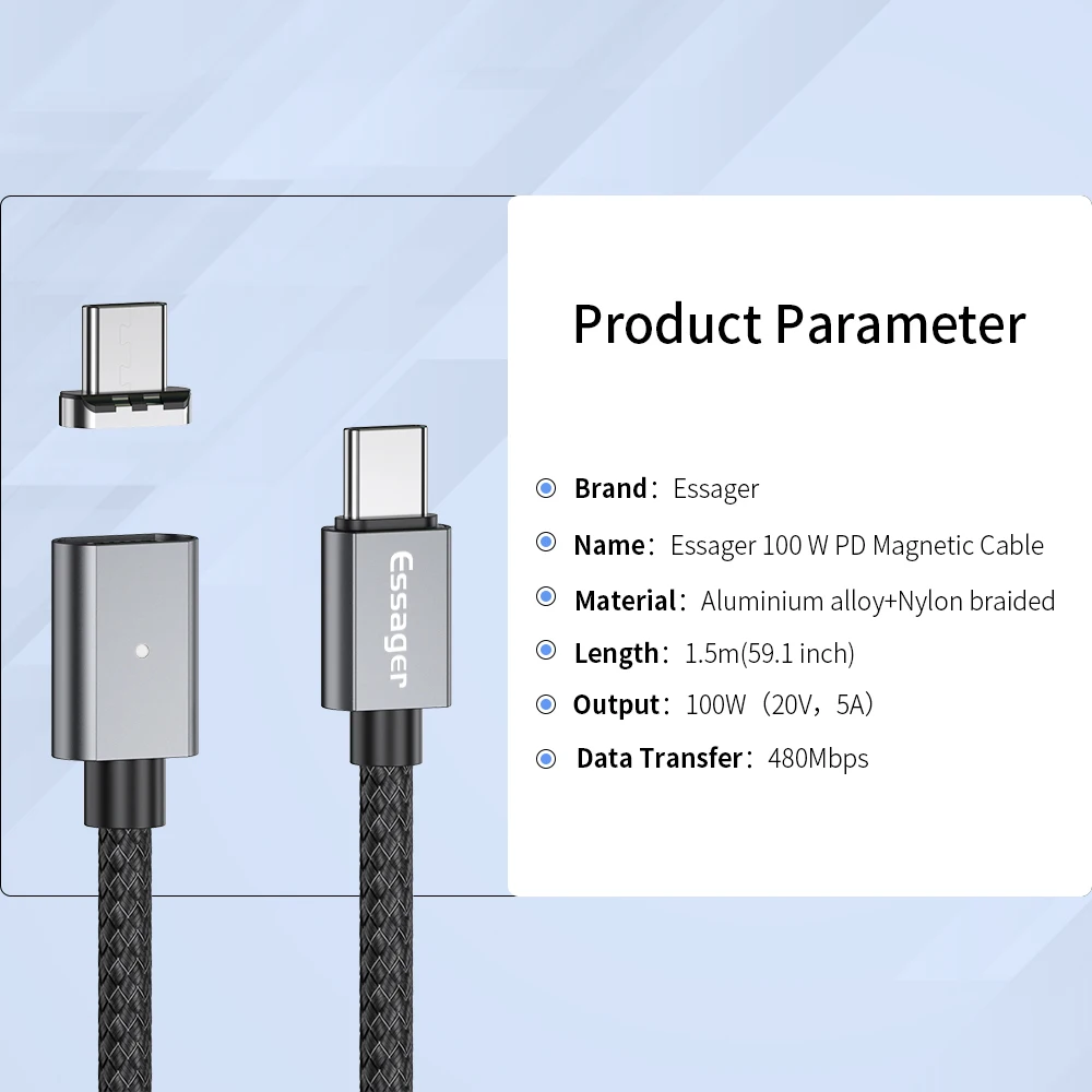 Магнитный кабель Essager 5A с разъемом usb type C и USB C для MacBook Pro 100 Вт, магнитное зарядное устройство PD, USB-C кабель type-C для samsung Note 10