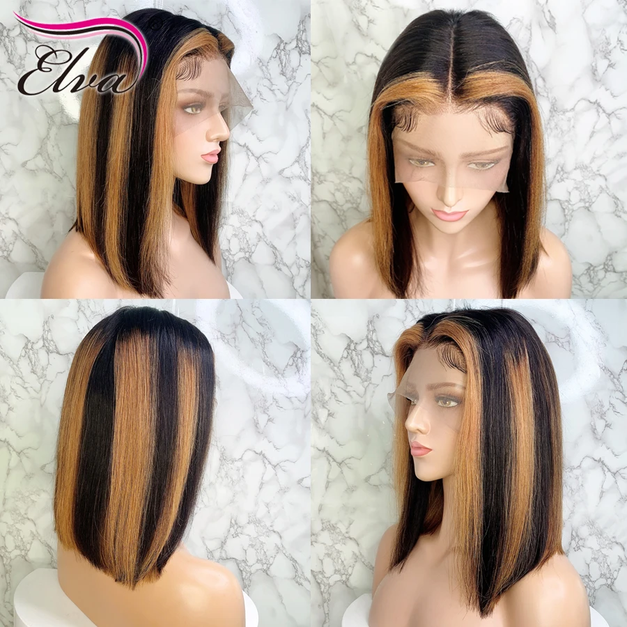 Price Elva Hair Ombre 13x6 Lace Front Human Hair Wigs Straight 3T Blonde Highlights Color Extra Pro.Ratio 150% Remy Short Bob Wig
