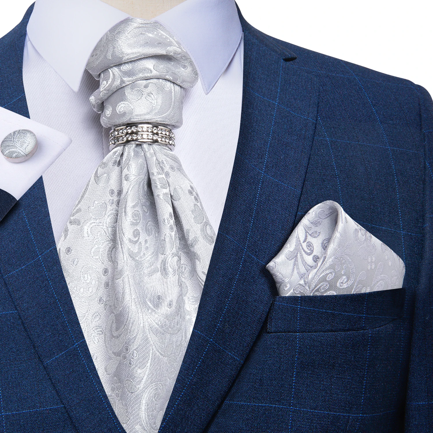 New polyester solid men's full ASCOT cravat necktie set wedding Prom Silver 