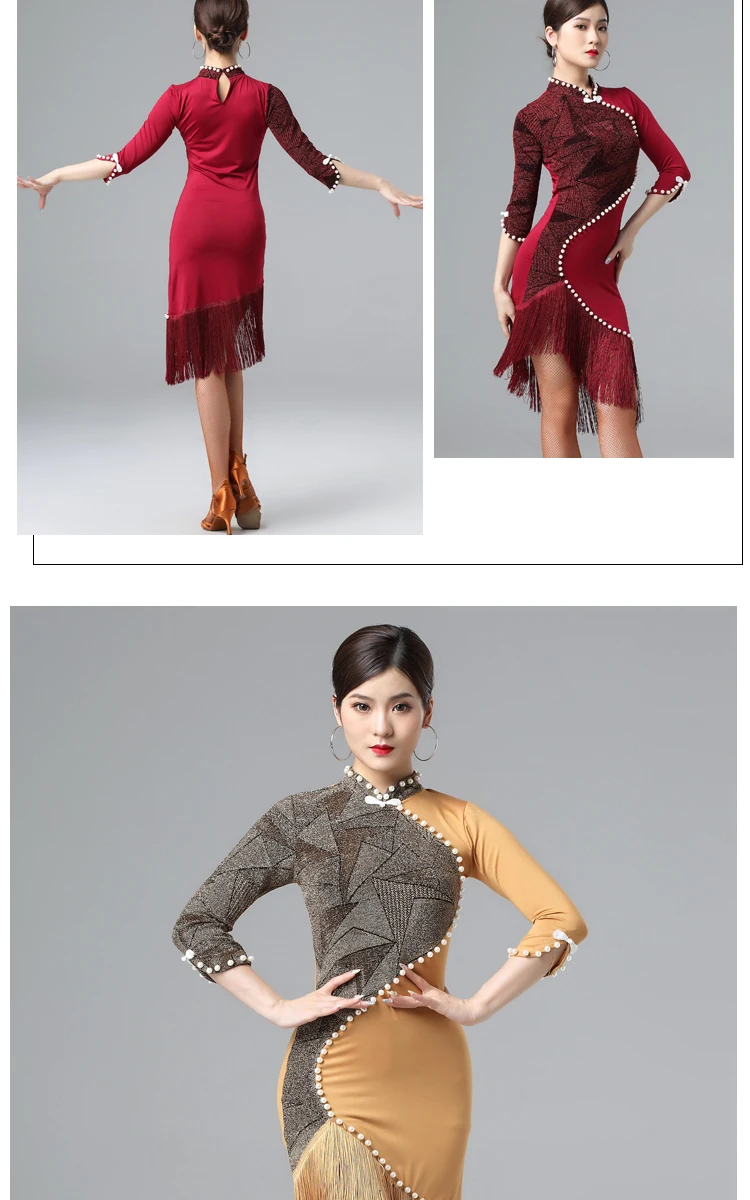 Китайский стиль, платье для латинских танцев, женское платье для самбы, для выступлений, Восточный чонсам, с жемчугом, с бахромой, сексуальные тонкие платья DL4956