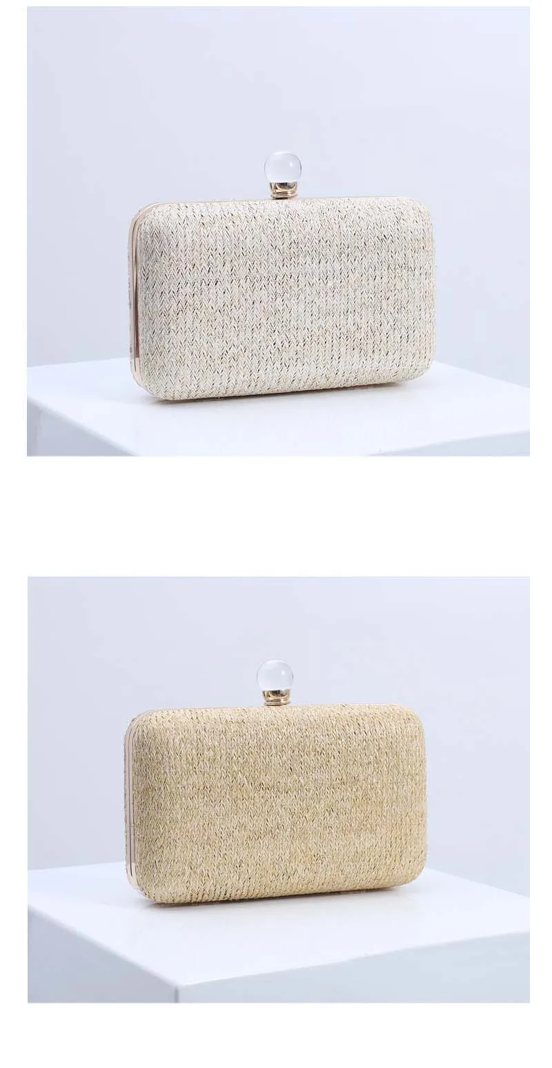Luxy Moon Beige and Yellow Woven Straw Clutch Bag Front View