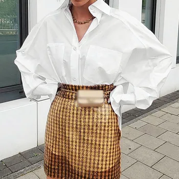 

Women Batwing Sleeve White Loose Shirt Pocket Turn-Down Collar Single Breasted Female Shirts 2020 New Autumn Office Lady Tops