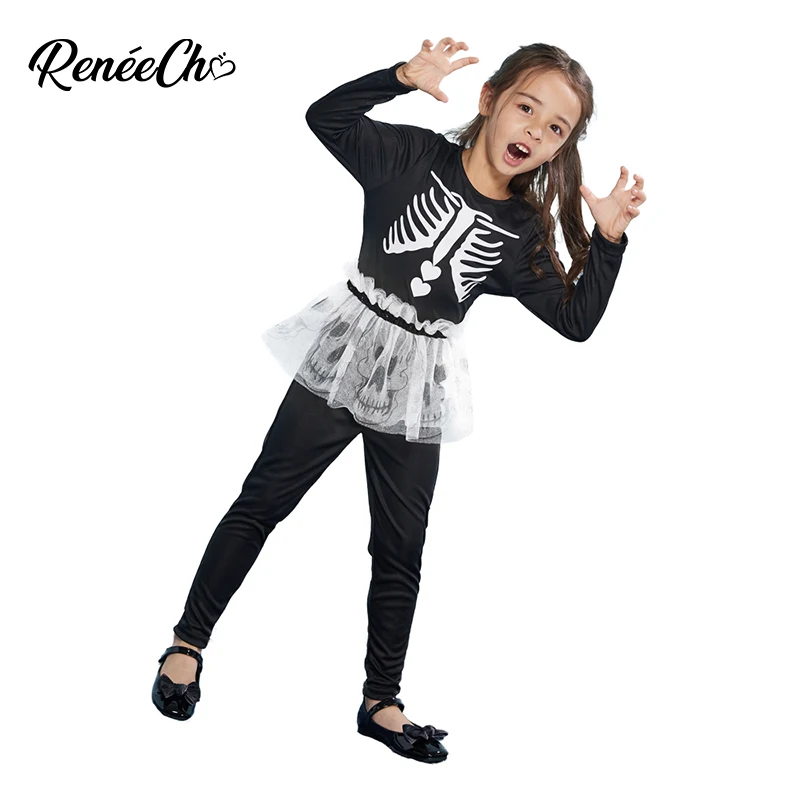 Reneecho/Детские костюмы на Хэллоуин; костюм с изображением костей для девочек; черное нарядное платье-пачка со скелетом