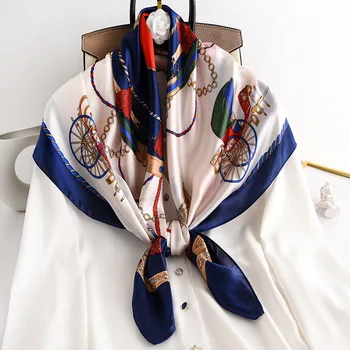 

Women Silk Square Scarf Navy Blue Chain Printed Fashion Lady Shawls Femme Hijab 90*90cm 2020 Designer Brand NEW Spring Scarves