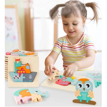 

New Children's Wooden Card Puzzle Jigsaw Toys 3D Intellectual Baby Cartoon Animal Traffic Educational Learning 1-3 Years Old Toy
