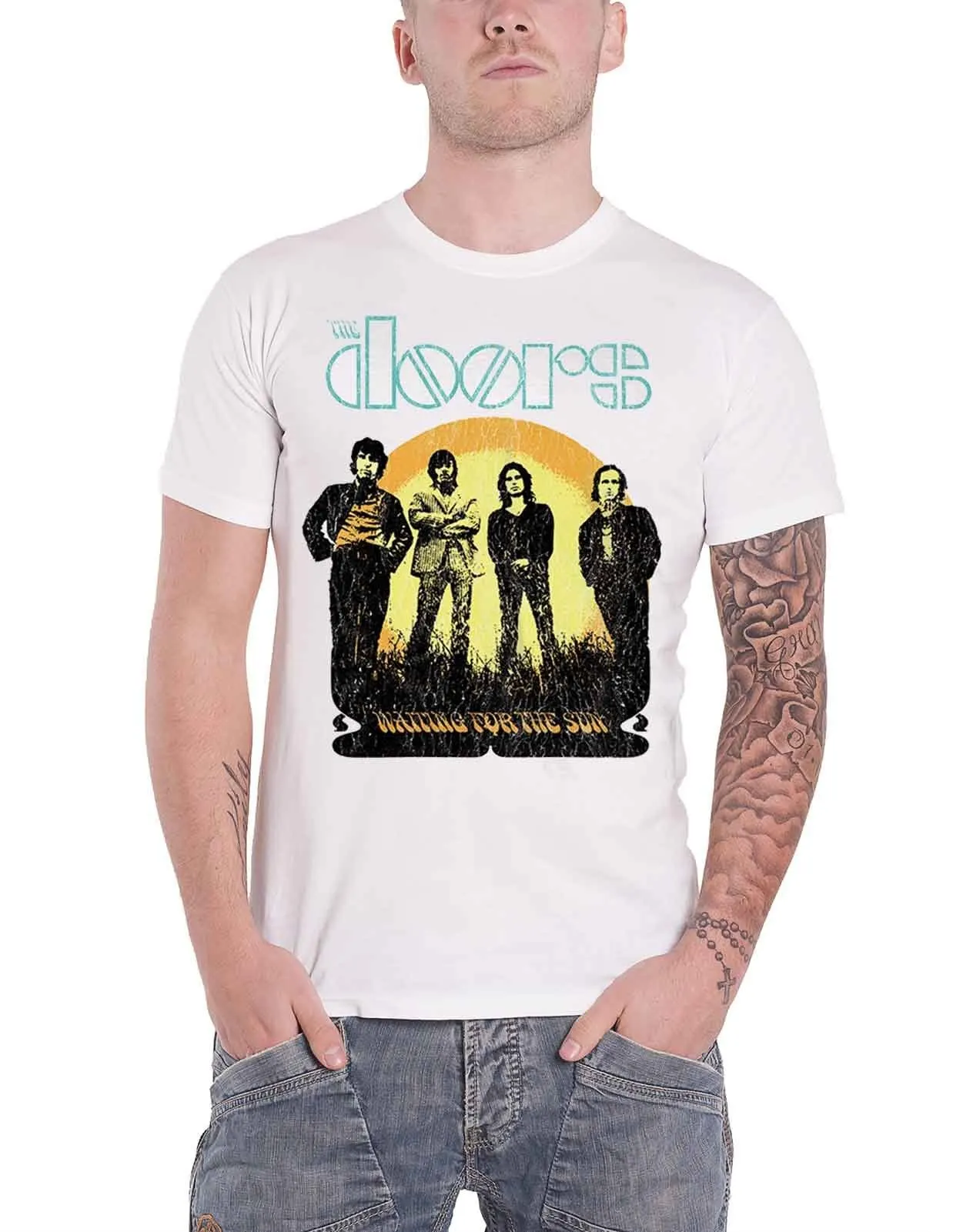 

The Doors T Shirt Waiting for The Sun Band Logo Mens White