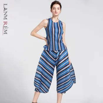

LANMREM summer Pants Suit Stripe Haren Pants+ sleeveless round collar tops high qualtiy two pieces set for women 2020 new YH794