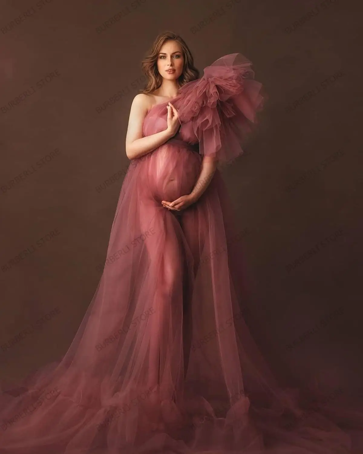 Elegant One Shoulder Tulle Maternity Dresses See