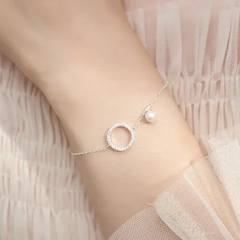 

925 Sterling Silver Geometric Circle Bracelet For Women Micro Pave Zircon Pearl Chain Bracelet Jewelry Gifts S-B123