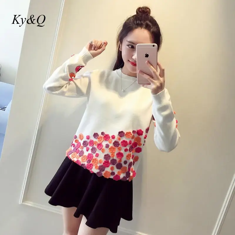 Runway Brand Designer 2019 Winter Women Sweet Flower Appliuques O-neck Pullover Sweater Small Fresh Jumper Christmas | Женская одежда