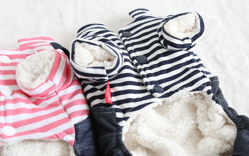 Autumn and Winter Newest Striped Design White Pink Colors Dog Clothes with Denim Trousers Four-legged Pet Dog Clothes