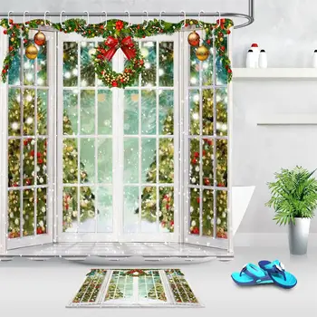 

Rustic Wooden Window Christmas Snow Shower Curtains Bathroom Colorful Xmas Balls Pine Twig Fir Tree Bath Shower Curtain And Mat