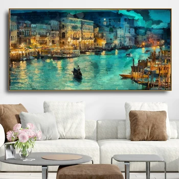 Laeacco-Cuadro al óleo de Venecia de noche para salón de belleza, decoración de pared artística para sala de estar y hogar